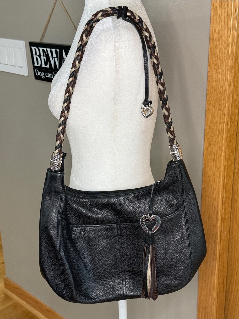 Brighton Black Leather Shoulder Bag with Braided Multi-Tone Strap